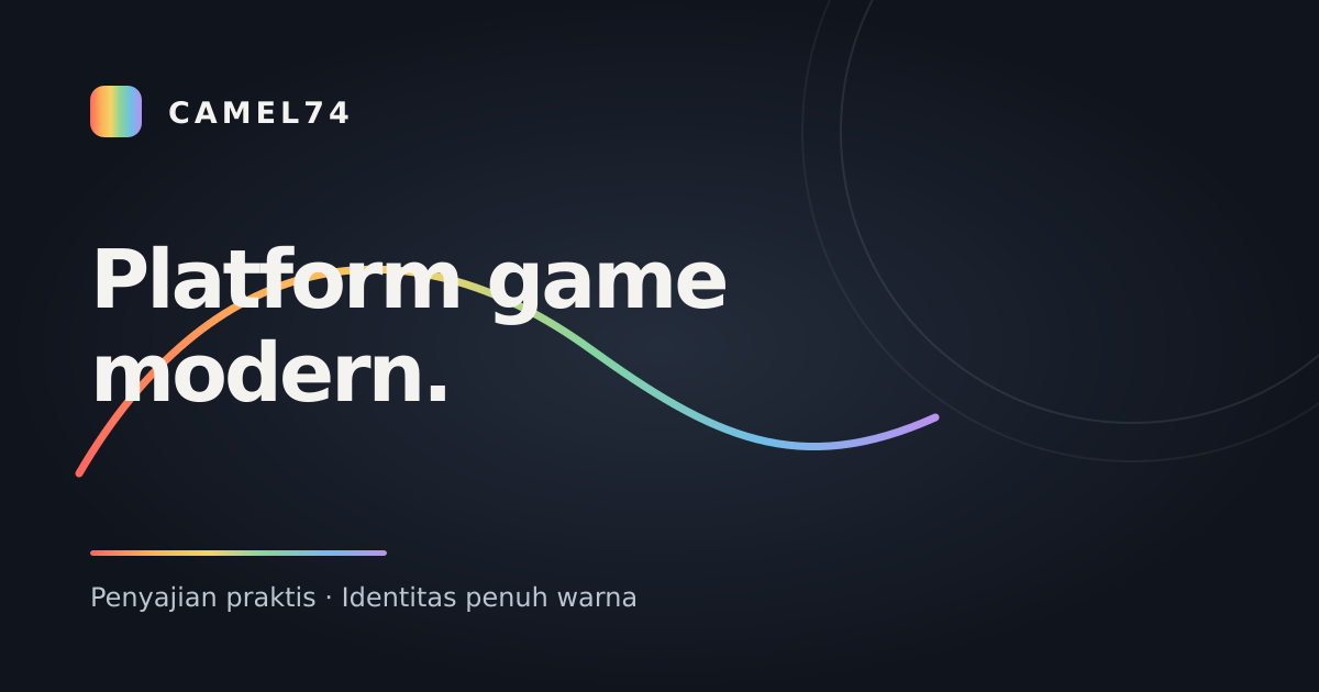 Identitas CAMEL74 dengan garis spektrum warna di atas latar navy gelap